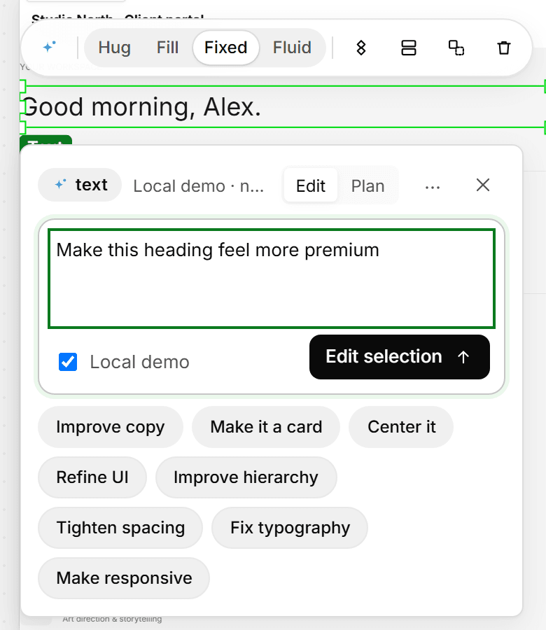 Mello's assistant scoped to a selected heading, with quick actions like Refine UI and Fix typography.