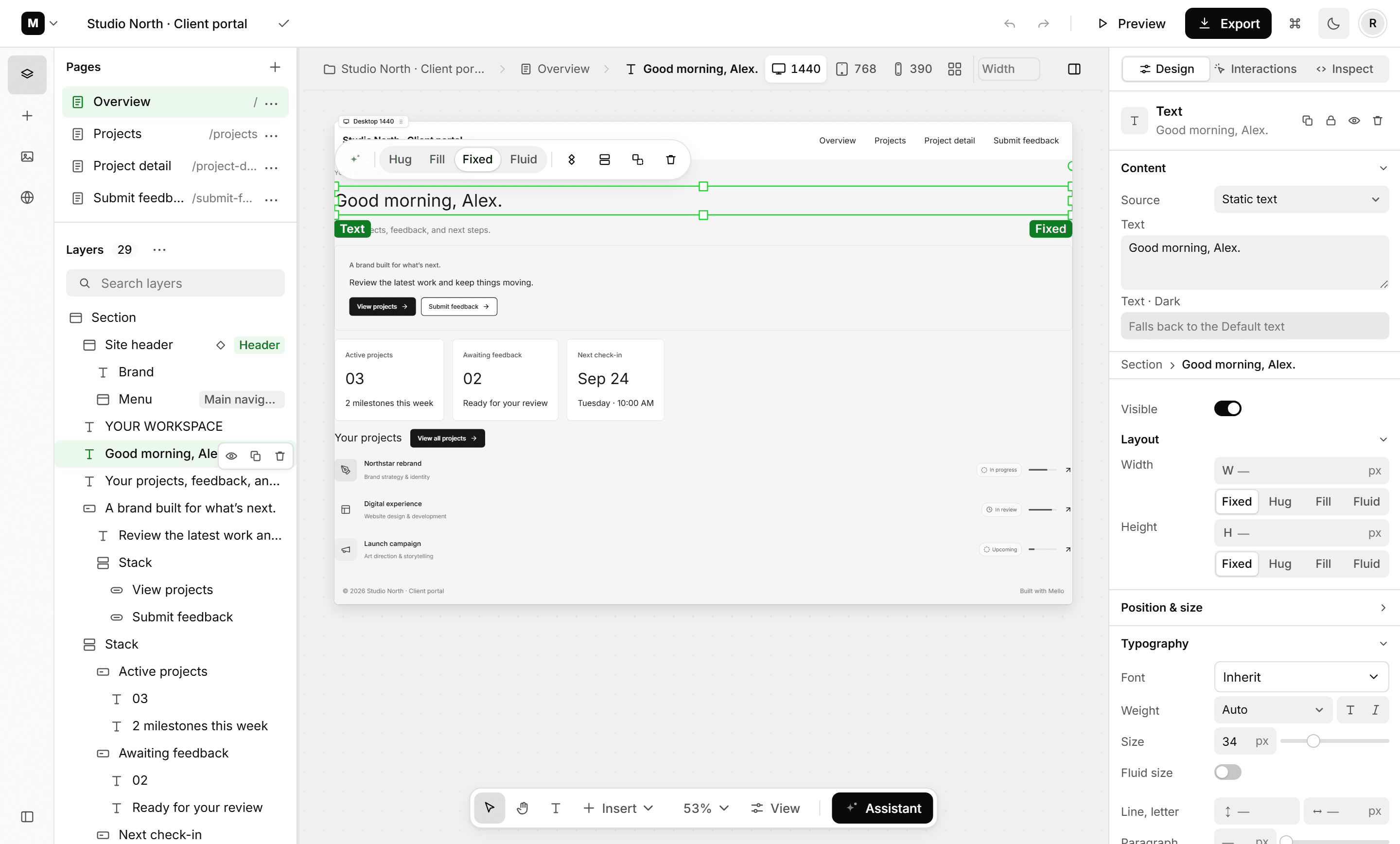 The Mello editor: pages and layers on the left, a live page on the canvas with a heading selected, and design controls on the right.