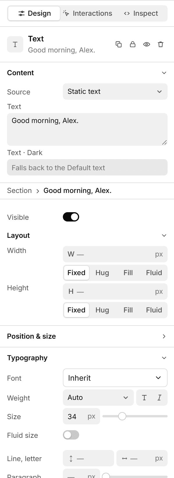 Mello's design panel with layout, sizing and typography controls.